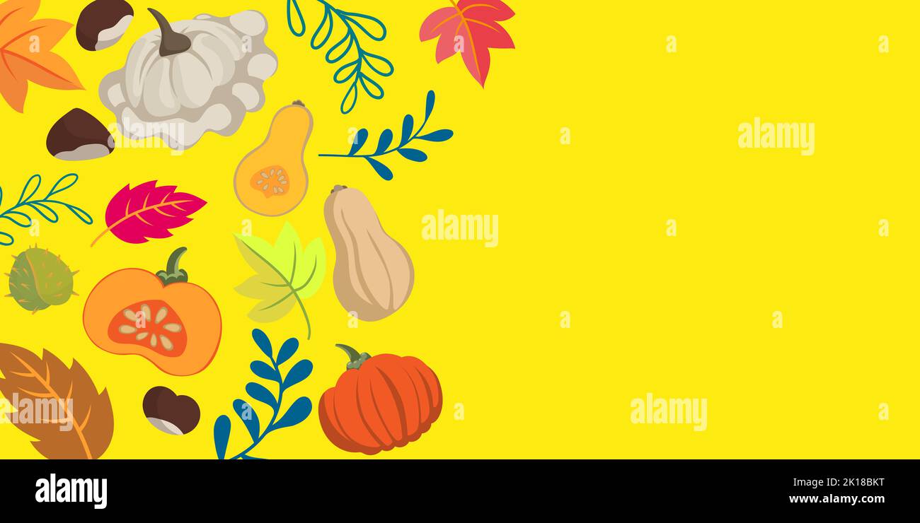 Feuilles et légumes d'automne Doodle fond - plate design bannière couleurs vives - motif floral saisons thème Banque D'Images