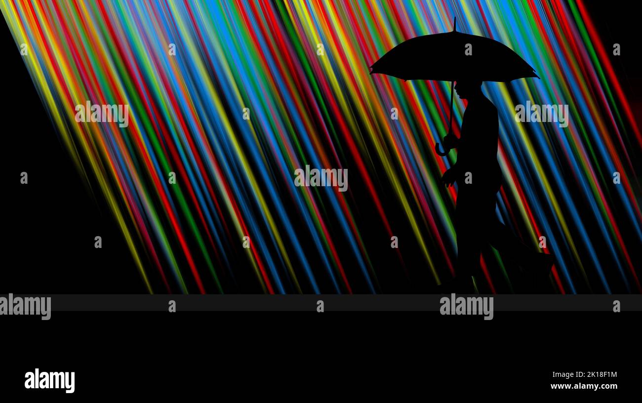 Un homme avec un parapluie passe devant des lignes inclinées de couleurs vives dans une illustration de 3-d. Banque D'Images
