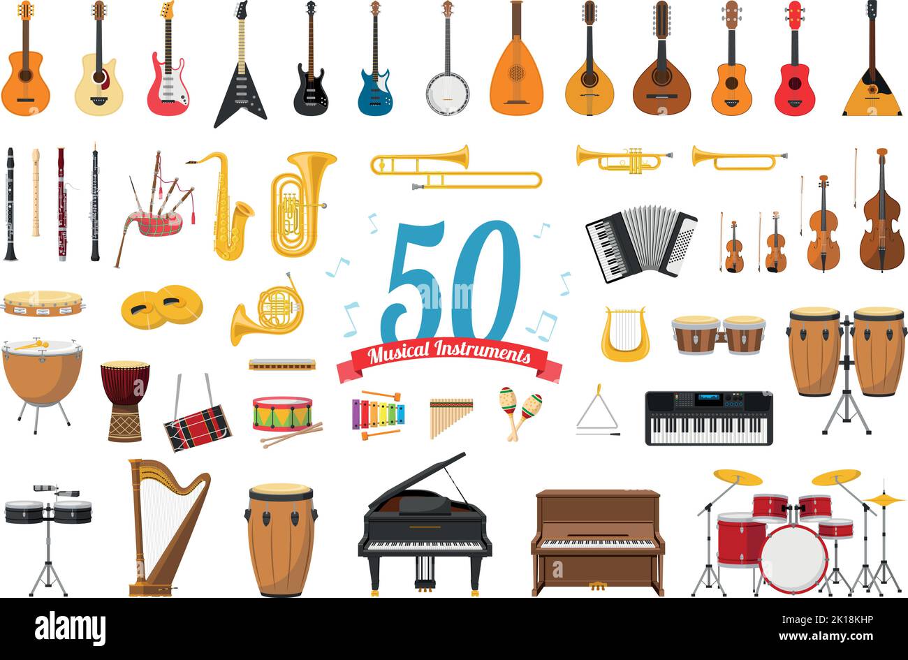 Ensemble d'illustrations vectorielles de 50 instruments de musique de style dessin animé isolés sur fond blanc Illustration de Vecteur