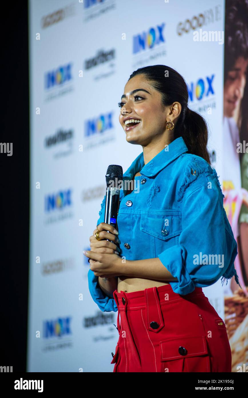 New Delhi, Inde. 16th septembre 2022. Rashmika Mandanna l'actrice indienne assiste à une conférence de presse sur le prochain film "Au revoir" à Nehru place, New Delhi. Crédit : SOPA Images Limited/Alamy Live News Banque D'Images