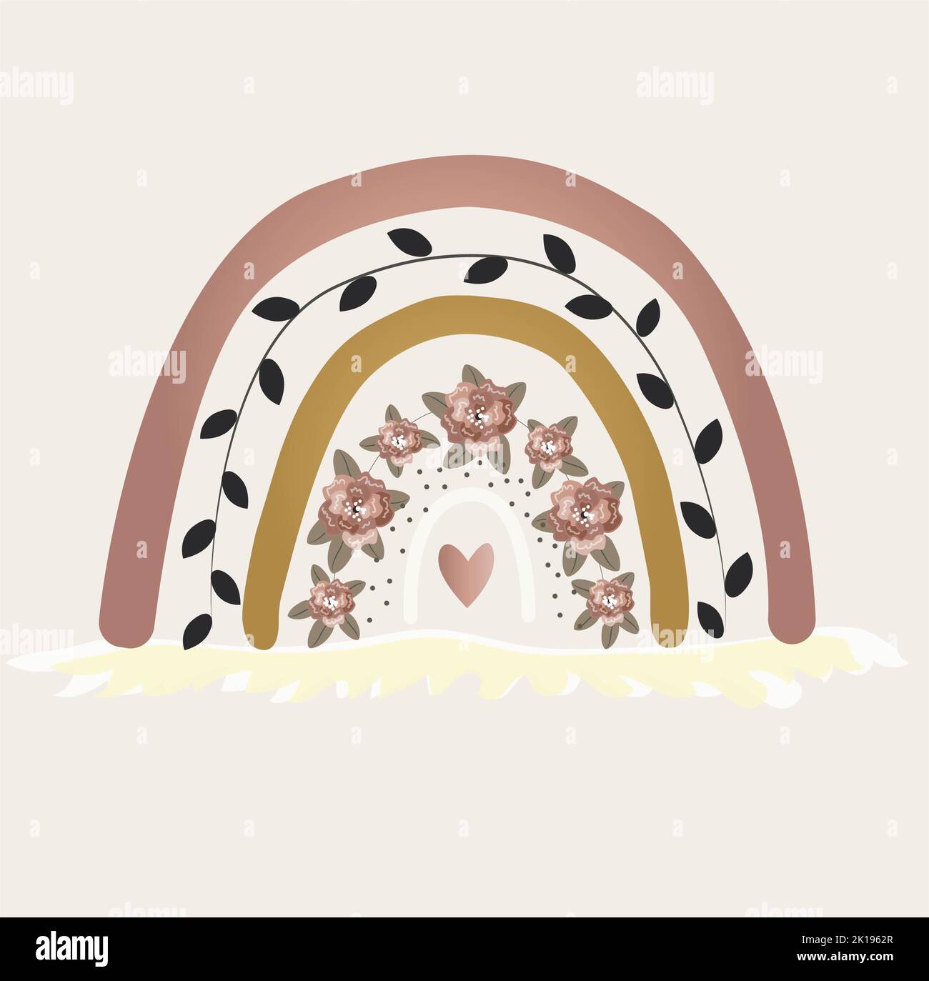 Motif fleuri avec fleurs, arc-en-ciel et différents éléments design. Banque D'Images