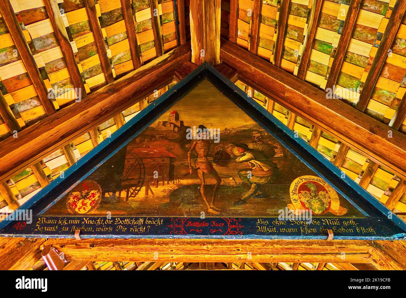 Photos médiévales uniques de danse Macabre (danse de la mort) dans l'intérieur du pont de Spreuerbrucke, Lucerne, Suisse Banque D'Images