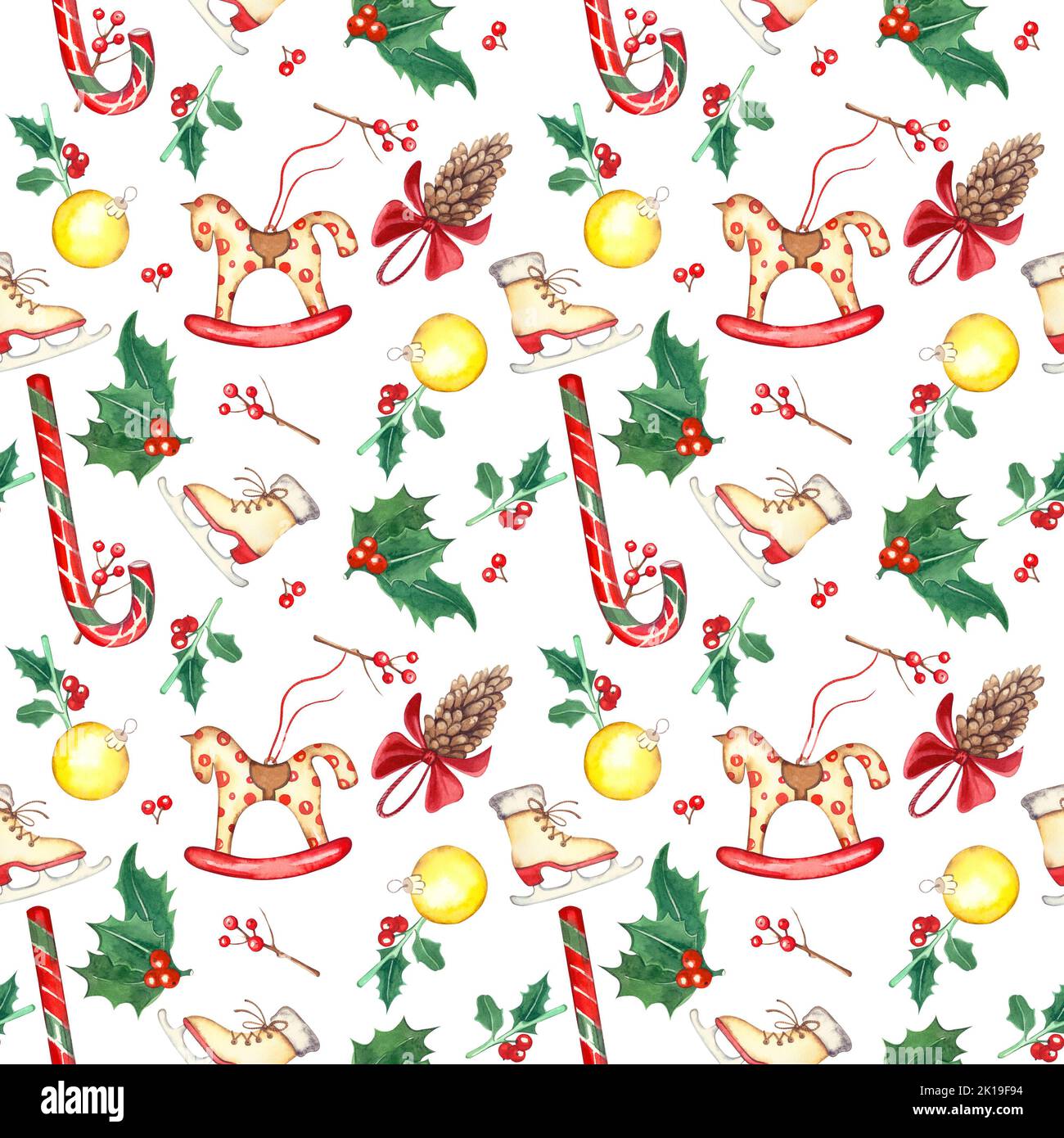 Motif sans couture avec jouets de Noël sur fond blanc. Idéal pour le design, les textiles, le papier peint et les scrapbooking. Banque D'Images