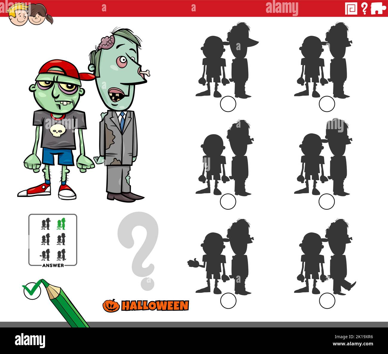 Illustration de dessin animé de trouver l'ombre sans différences jeu éducatif avec des personnages zombies sur l'heure d'Halloween Illustration de Vecteur
