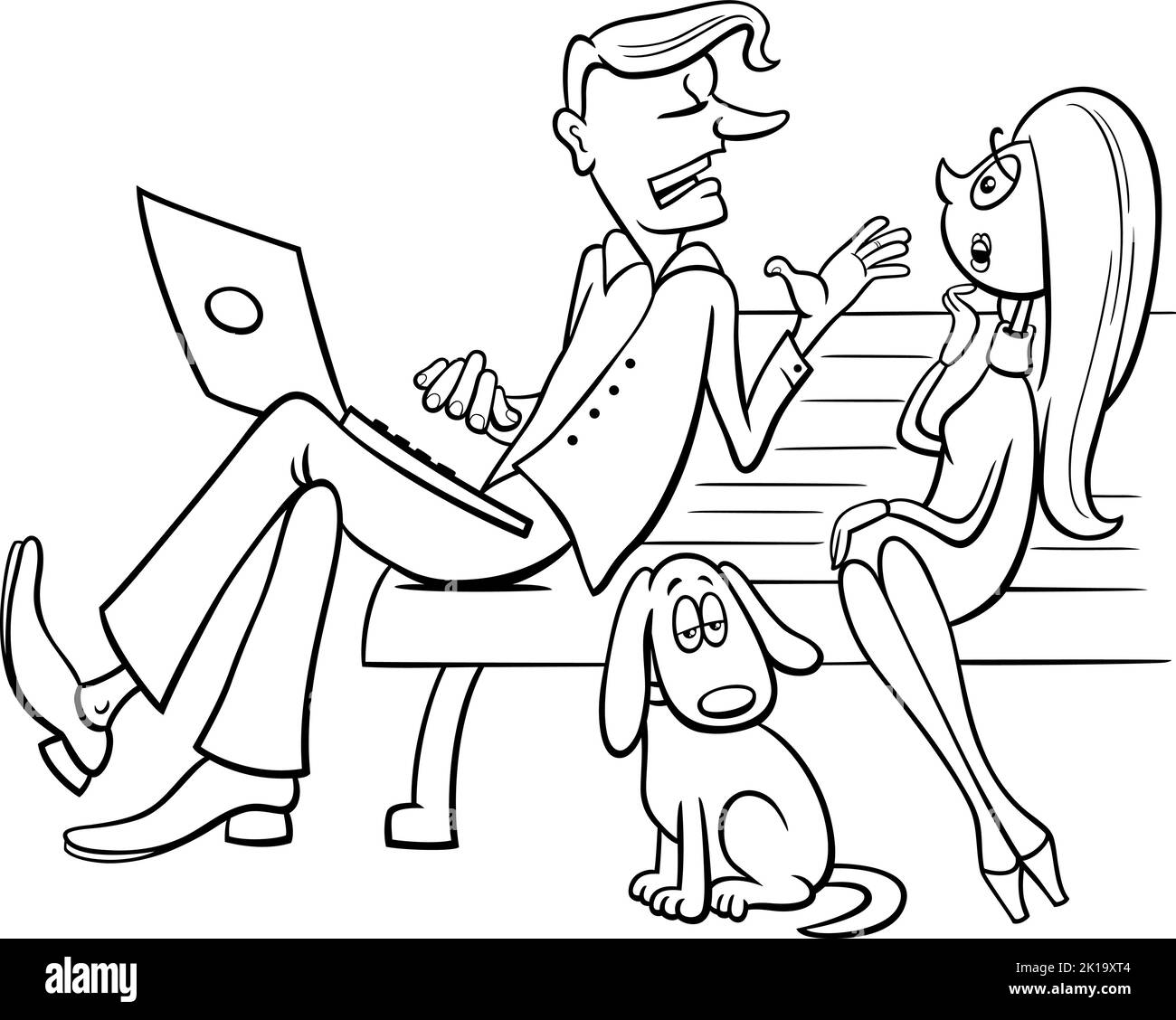 Dessin animé noir et blanc d'une femme et d'un gars parlant sur un banc de parc et une page de coloriage de chien ennuyé Illustration de Vecteur