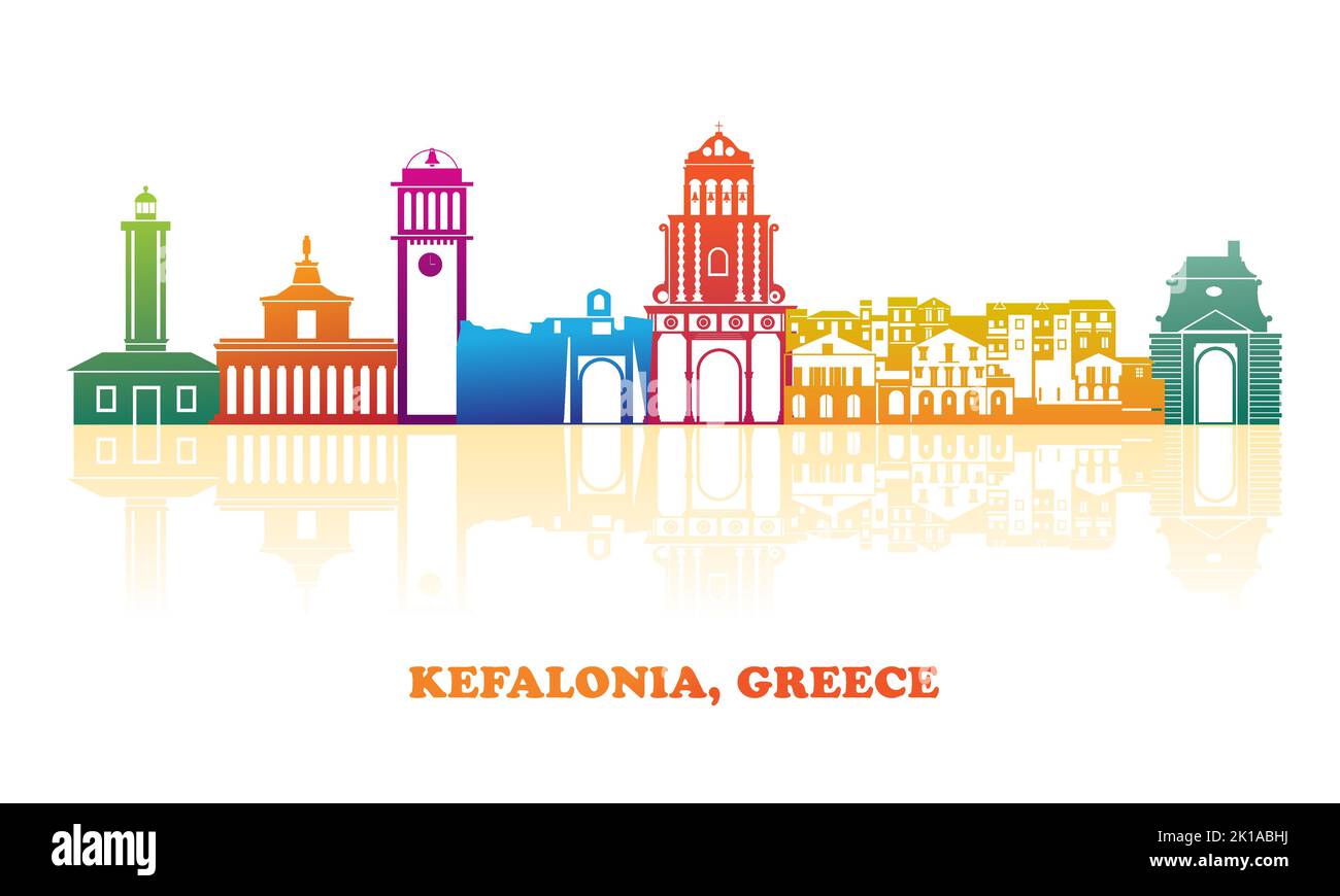 Colorfull panorama Skyline de Kefalonia, Iles Ionniennes, Grèce - illustration vectorielle Illustration de Vecteur