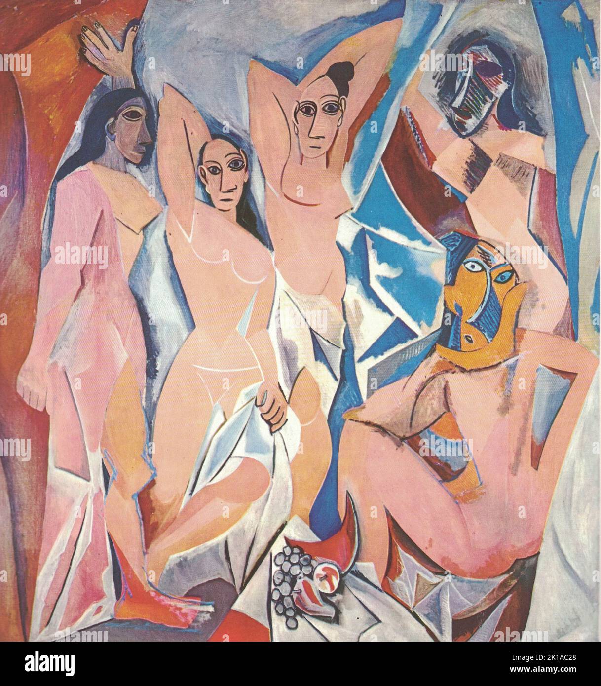 Les jeunes Dames d'Avignon, 1907. Peinture à l'huile par Pablo Picasso. Pablo Ruiz Picasso (25 octobre 1881 – 8 avril 1973) est un peintre espagnol, sculpteur, graveur, céramiste et concepteur de théâtre qui a passé la plus grande partie de sa vie adulte en France. Considéré comme l'un des artistes les plus influents du 20th siècle, il est connu pour avoir co-fondé le mouvement Cubiste, l'invention de la sculpture construite, la co-invention du collage, et pour la grande variété de styles qu'il a aidé à développer et explorer. Parmi ses œuvres les plus célèbres figurent le proto-Cubiste les Demoiselles d'Avignon (1907). Banque D'Images