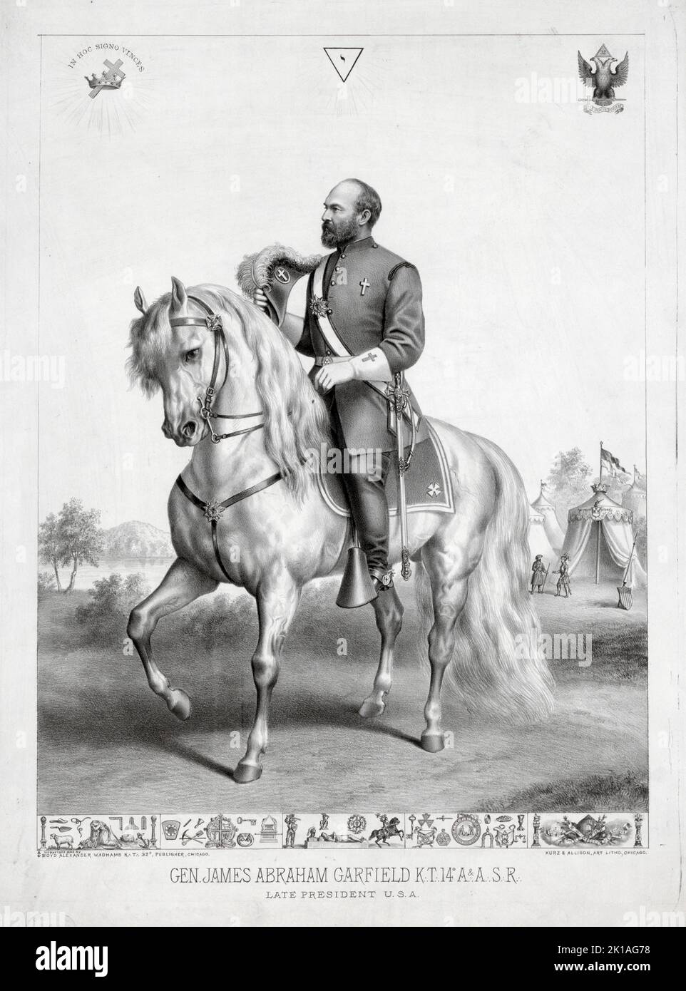 Le président James Garfield a illustré à cheval et dans l'uniforme d'un général de la guerre civile. Banque D'Images