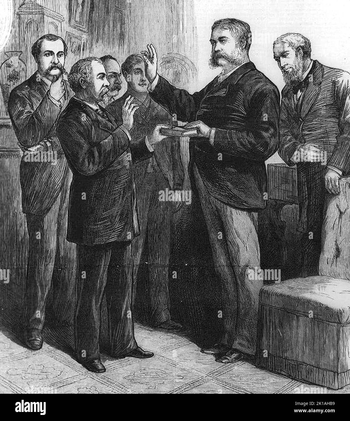 Arthur prêtant le serment d'office administré par le juge John R. Brady, au domicile d'Arthur, à New York, en 20 septembre 1881 Banque D'Images