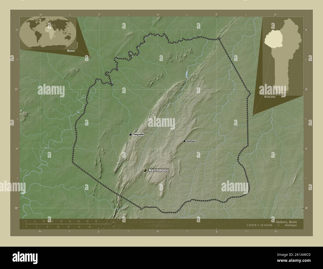 Atakora, département du Bénin. Carte d'altitude colorée en style wiki avec lacs et rivières. Lieux et noms des principales villes de la région. Angle aux Banque D'Images