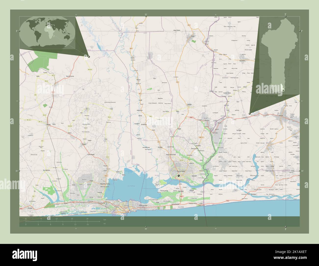 Oueme, département du Bénin. Ouvrez la carte des rues. Cartes d'emplacement auxiliaire d'angle Banque D'Images