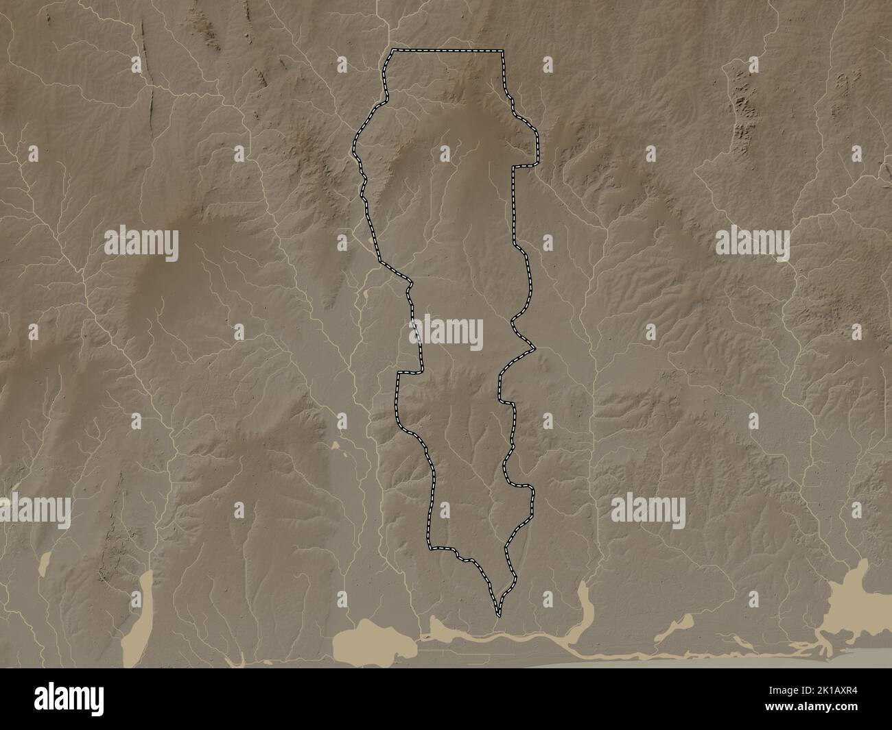 Plateau, département du Bénin. Carte d'altitude colorée en tons sépia avec lacs et rivières Banque D'Images