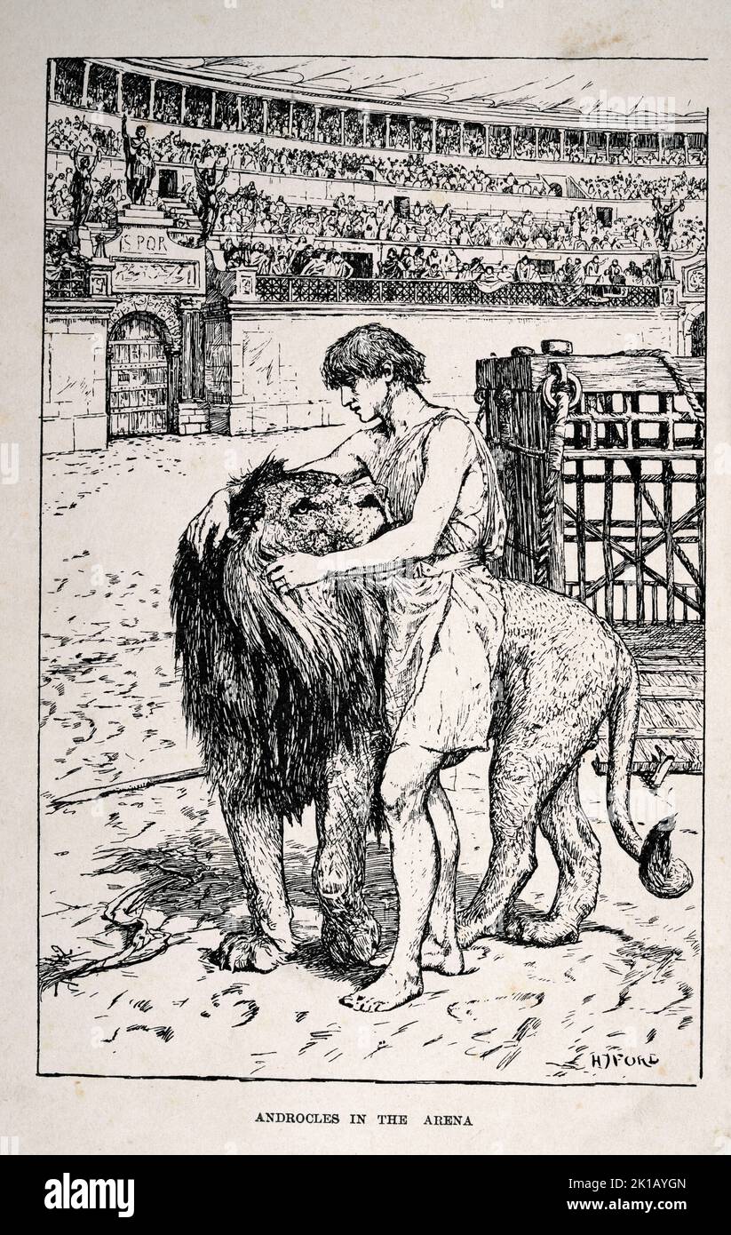 Illustration vintage, Androcles et le Lion, dans le Circus Maximus Arena. Banque D'Images