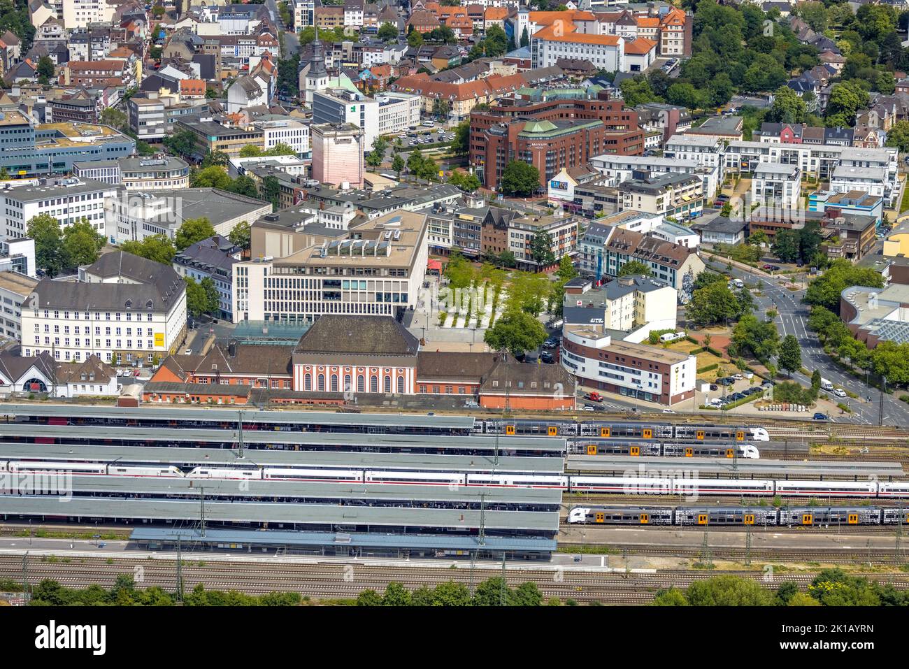 Vue aérienne, gare principale de Hamm Westf, bâtiment de réception, centre, Hamm, zone de Ruhr, Rhénanie-du-Nord-Westphalie, Allemagne, gare, DE, German Railways AG, Banque D'Images