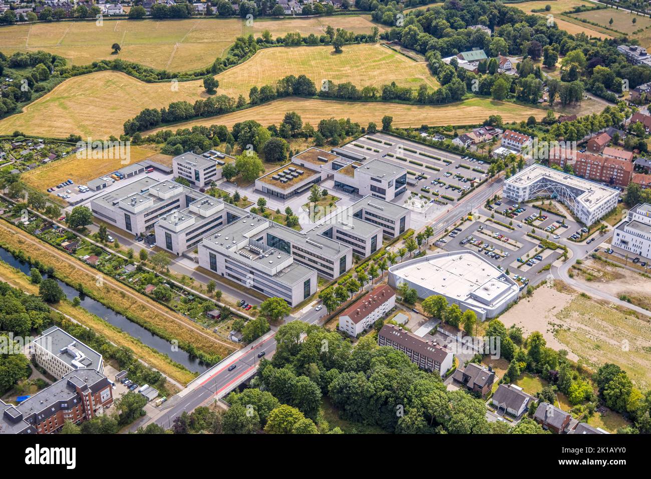 Vue aérienne, Université des sciences appliquées de Hamm-Lippstadt, HSHL, campus de Hamm, chantier et nouveau bâtiment WissenschaftQuartier SCI:Q Science Banque D'Images