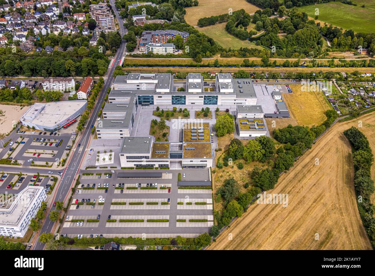 Vue aérienne, Université des sciences appliquées de Hamm-Lippstadt, HSHL, campus de Hamm, chantier et nouveau bâtiment WissenschaftQuartier SCI:Q Science Banque D'Images