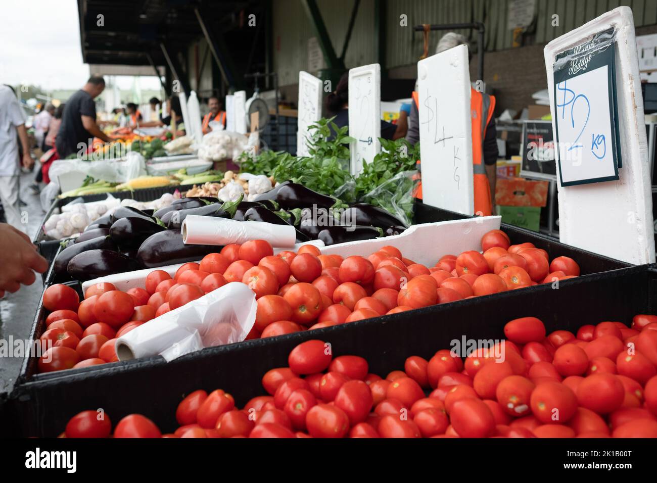 Tomates, aubergines et autres fruits et légumes frais en vente au Paddy’s Fresh Food Market à Flemington, Sydney — Nouvelle-Galles du Sud, Australie Banque D'Images