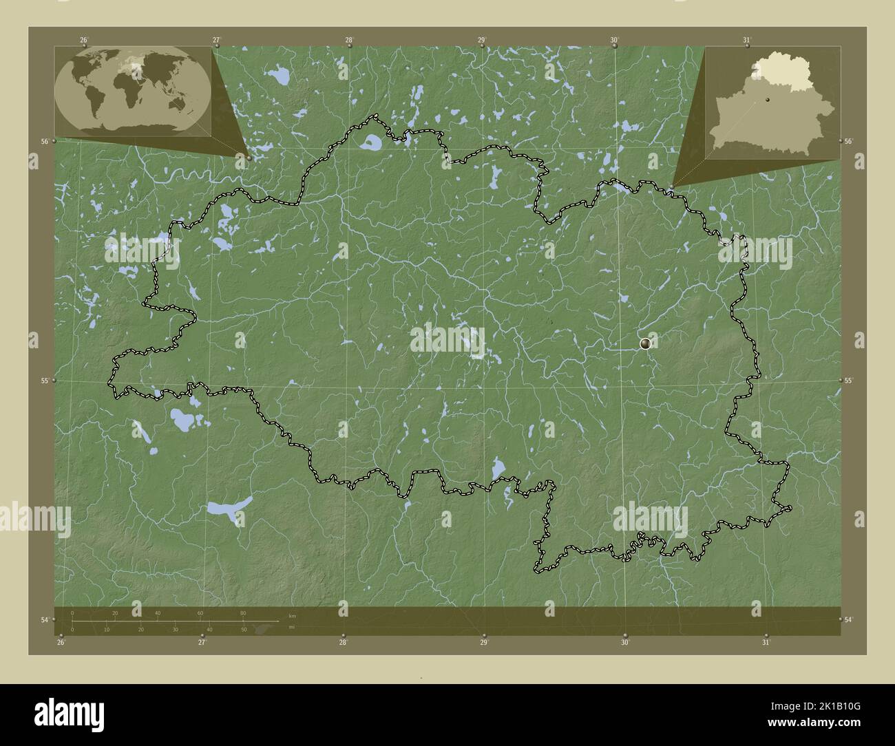 Vitsyebsk, région du Bélarus. Carte d'altitude colorée en style wiki avec lacs et rivières. Cartes d'emplacement auxiliaire d'angle Banque D'Images