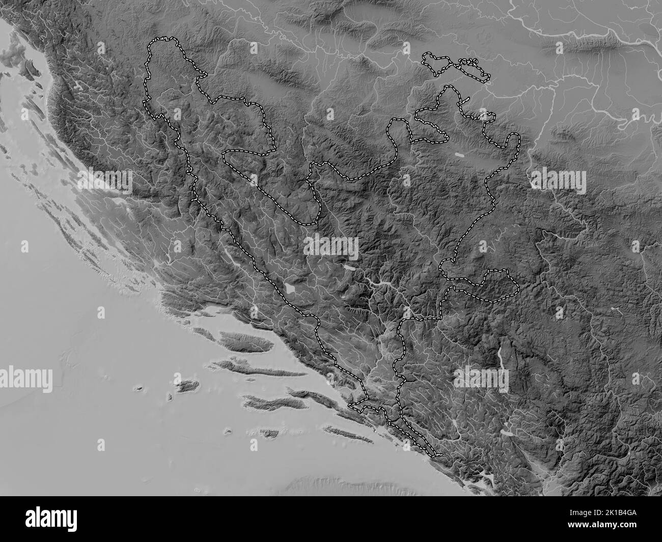 Federacija Bosna i Hercegovina, entité de Bosnie-Herzégovine. Carte d'altitude en niveaux de gris avec lacs et rivières Banque D'Images