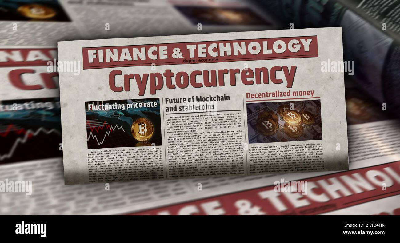 Crypto-monnaie, bitcoin, blockchain et monnaie numérique. Imprimé journal.  Concept abstrait de presse vintage. Illustration de rendu rétro 3D Photo  Stock - Alamy