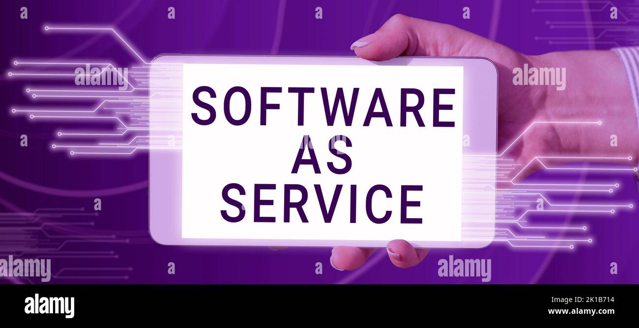 Texte montrant le logiciel inspiration en tant que service. Idée d'entreprise à la demande sous licence sur abonnement et hébergé de manière centralisée Banque D'Images