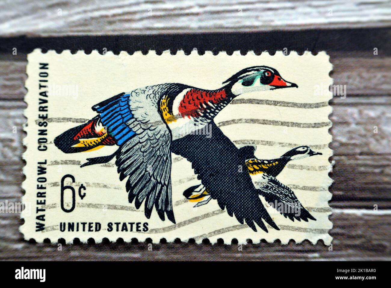 Le Caire, Egypte, 15 août 2022: Timbre américain d'époque imprimé aux États-Unis d'Amérique 1968 6 cents présente des canards volants Waterfowl conservation St Banque D'Images