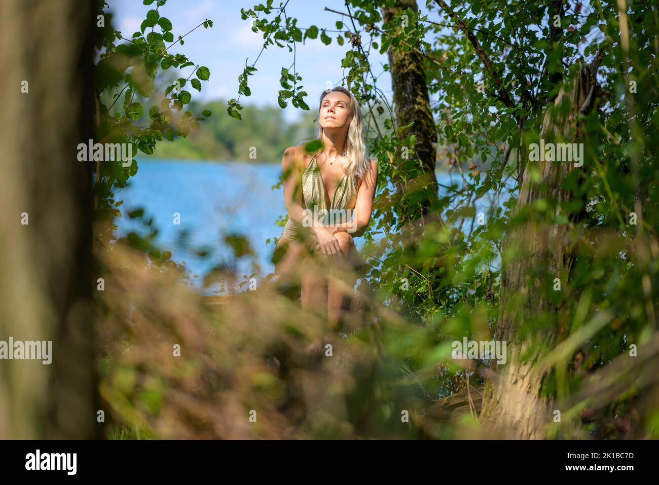 Belle femme blonde portant une robe de gogo dorée profitant du soleil sur un tronc d'arbre au bord d'un lac Banque D'Images