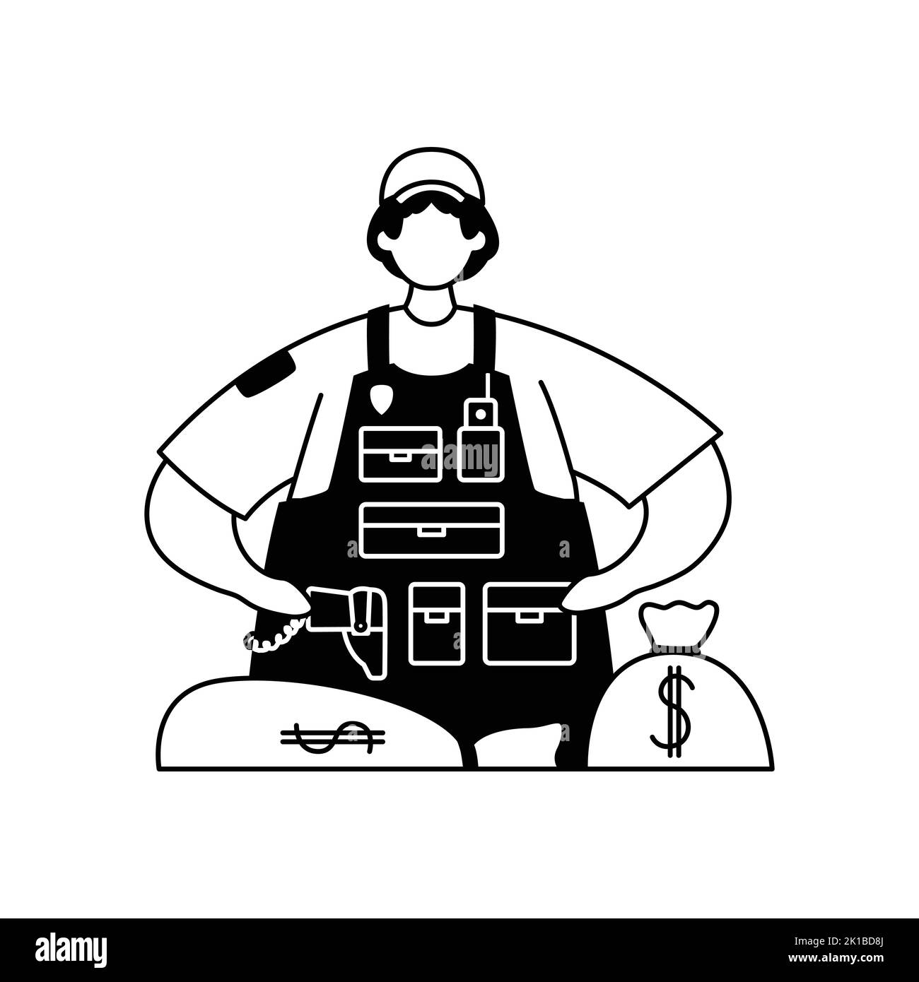 Illustration vectorielle d'un collectionneur dans un gilet à l'épreuve des balles avec des sacs d'argent. Profession. Illustration de Vecteur