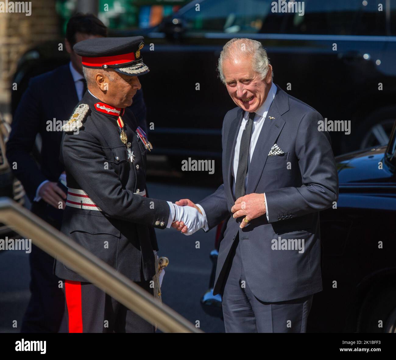 Londres, Angleterre, Royaume-Uni. 17th septembre 2022. Le roi CHARLES III arrive à la Metropolitan police Service Special Operation Room (SOR) Lambeth HQ, Londres. Crédit : ZUMA Press, Inc./Alay Live News Banque D'Images