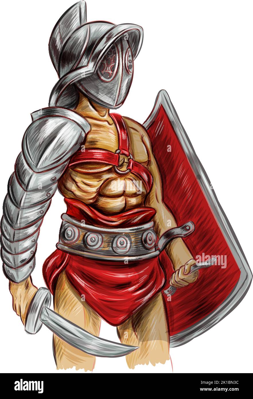 Soldat de gladiateur romain avec épée et bouclier Illustration de Vecteur