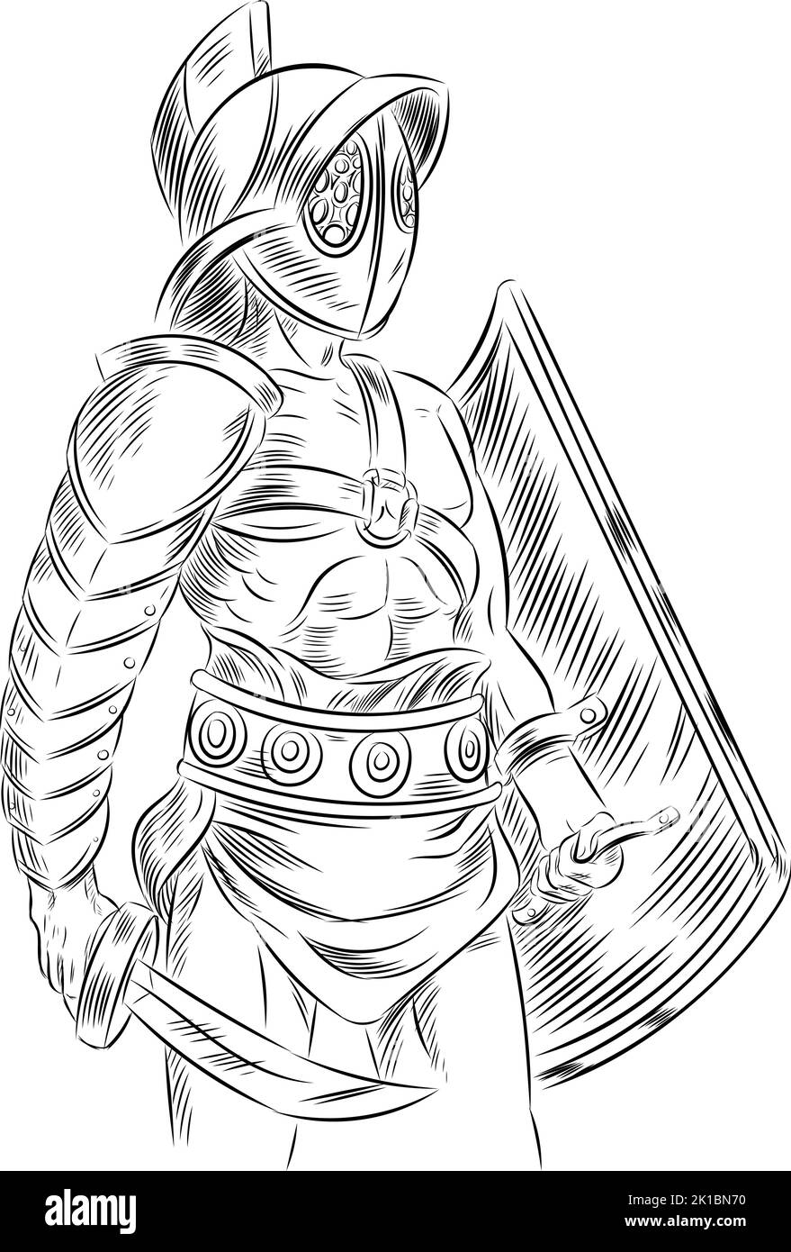 Croquis du soldat du gladiateur romain avec épée et bouclier Illustration de Vecteur
