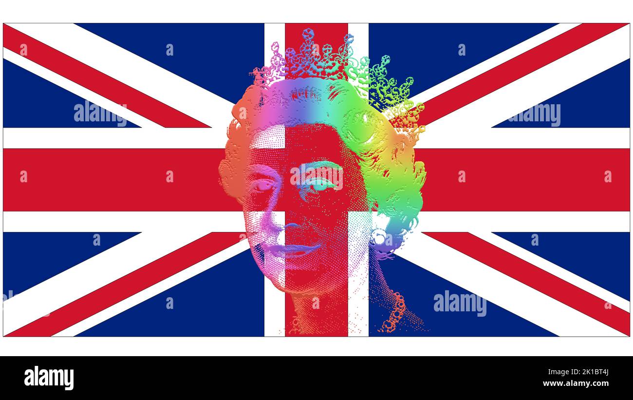 La reine Elizabeth II avec le drapeau britannique, hommage à l'art numérique: Le visage de la reine en tant que jeune femme, avec des couleurs arc-en-ciel et avec le drapeau Union Jack. Banque D'Images