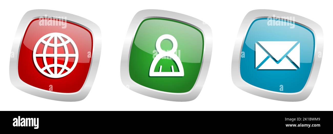 Icônes de vecteur Web et Internet, globe, boutons métalliques argentés pour les utilisateurs et les e-mails Illustration de Vecteur