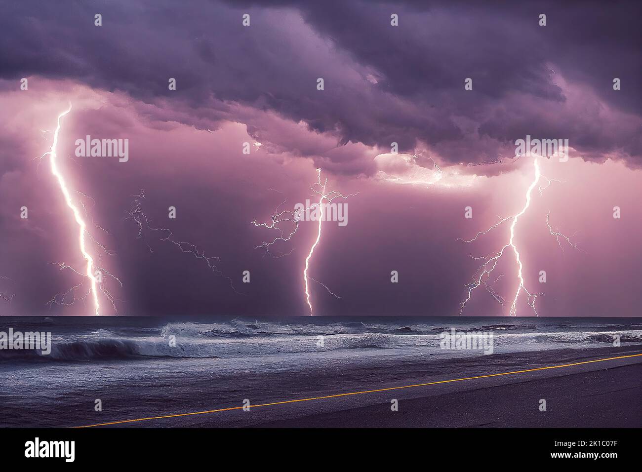 Une tempête tropicale dangereuse se produit dans un ciel nuageux et un océan orageux, causés par le changement climatique. 3D illustration et peinture numérique. Banque D'Images