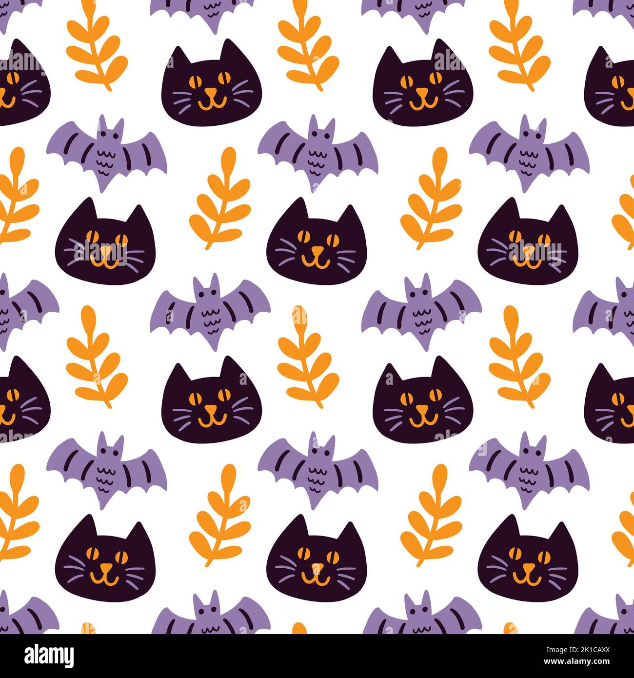 Halloween Black chats, Bats Silhouettes, Vector Seamless Pattern texture. Dessin dessiné à la main pour les vêtements de bébé, le textile de pépinière, le papier d'emballage pour enfants. HAL Illustration de Vecteur