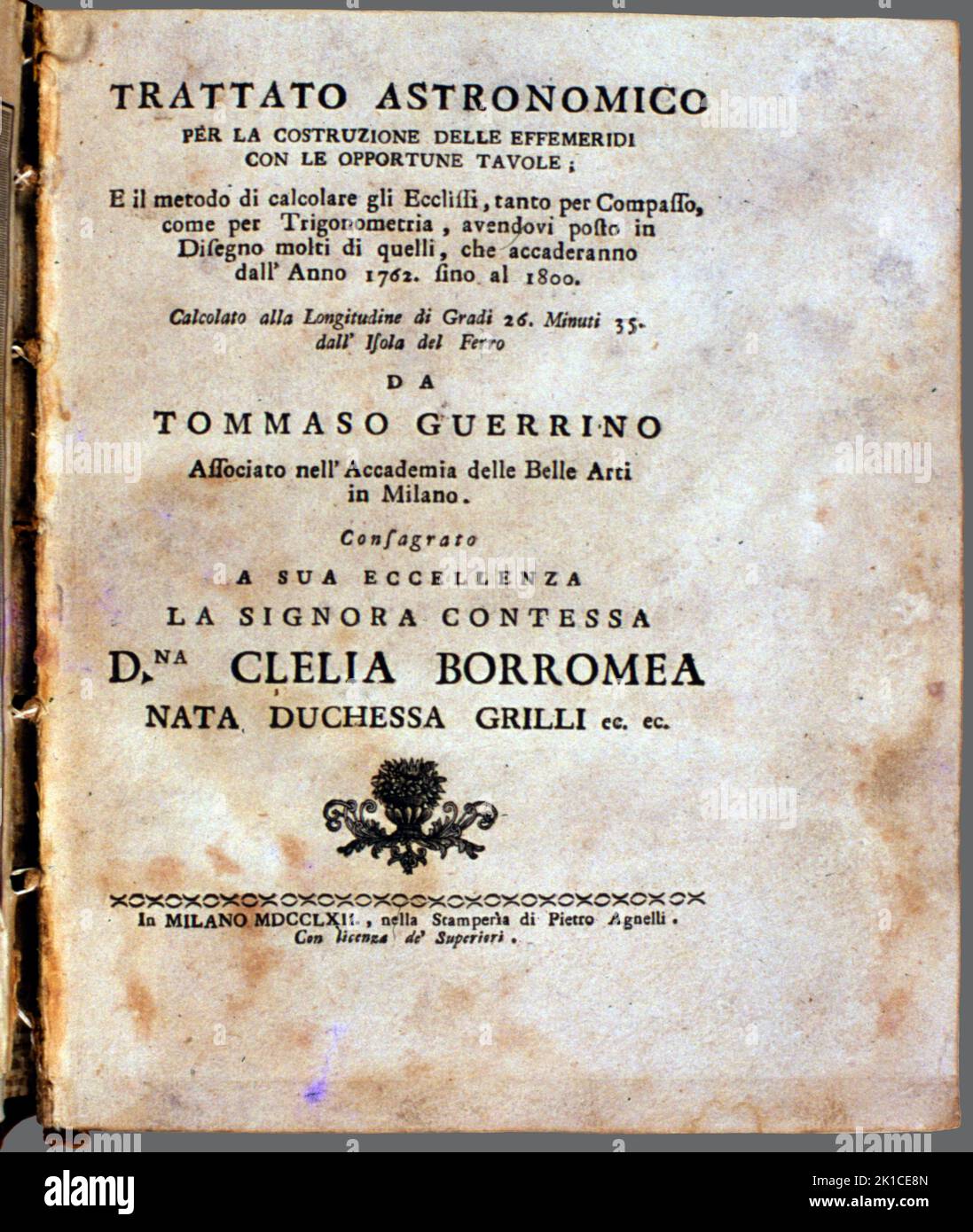 Portada del Trattato Astronomico per le interprétation delle efferidi con le opportuna tavole, por Tommaso Guerrino. Impreso en Milan, año 1762. Banque D'Images