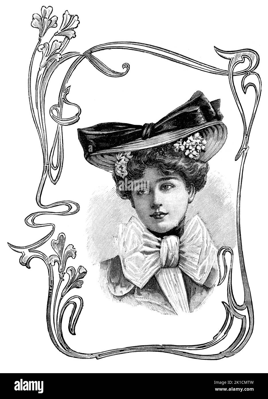Portrait de jeune femme avec chapeau rétro. Gravure de mode vintage de 1900, France, Paris Banque D'Images