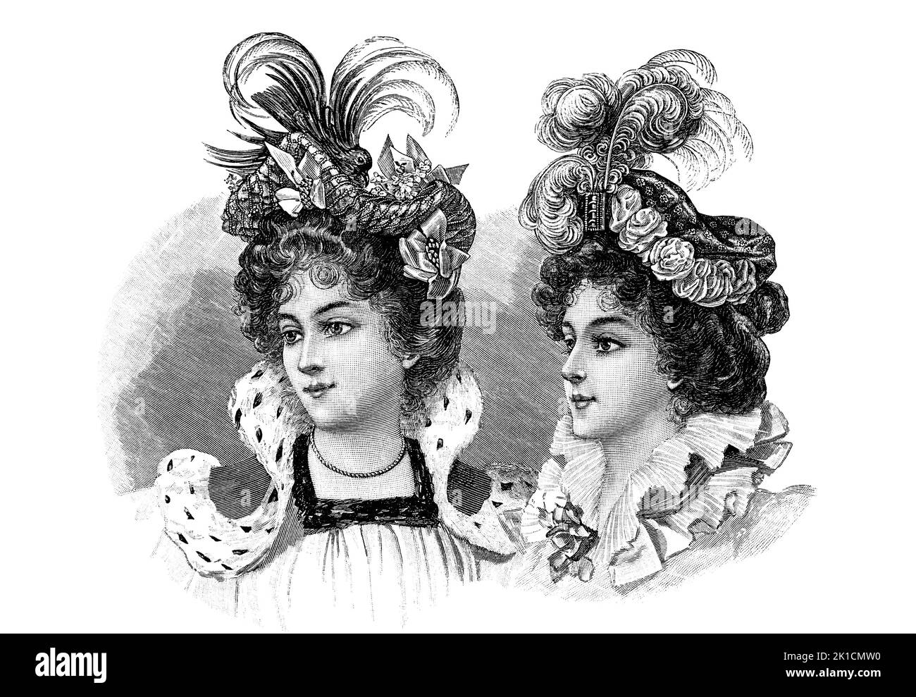 Femmes portant un chapeau élégant de style rétro. Gravure de mode vintage de 1900, France, Paris Banque D'Images