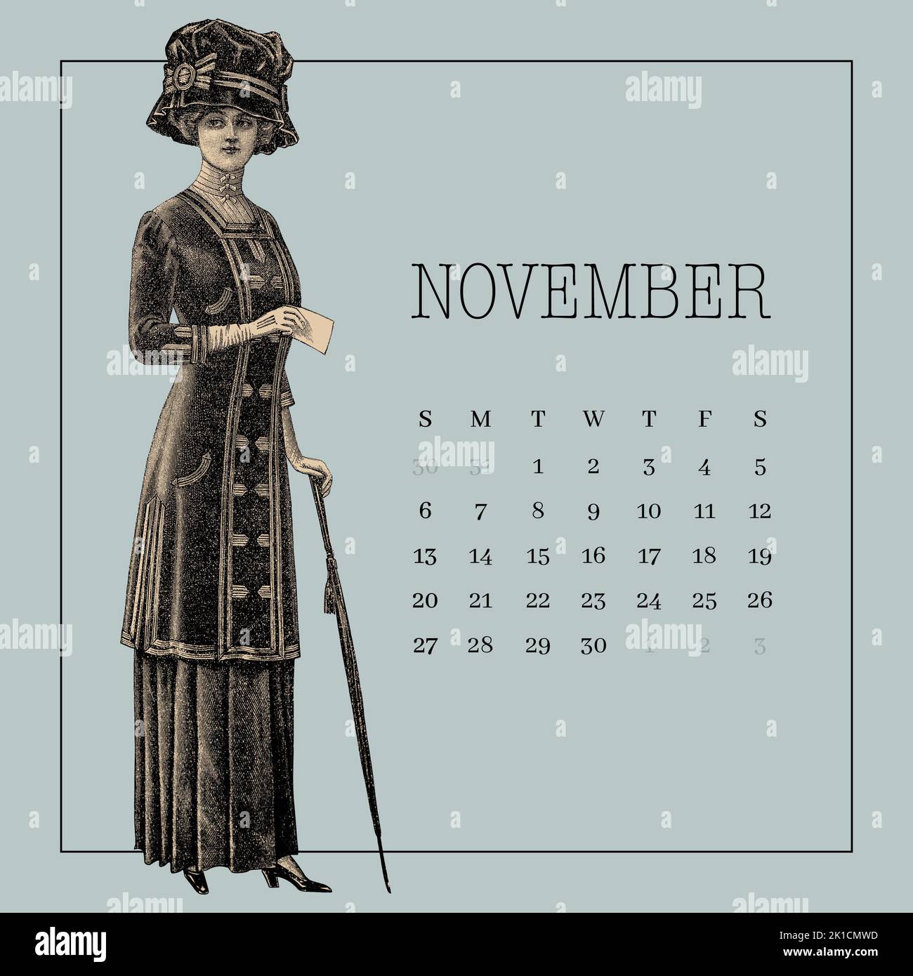 Modèle du calendrier de novembre. Arrière-plan de style victorien vintage Banque D'Images