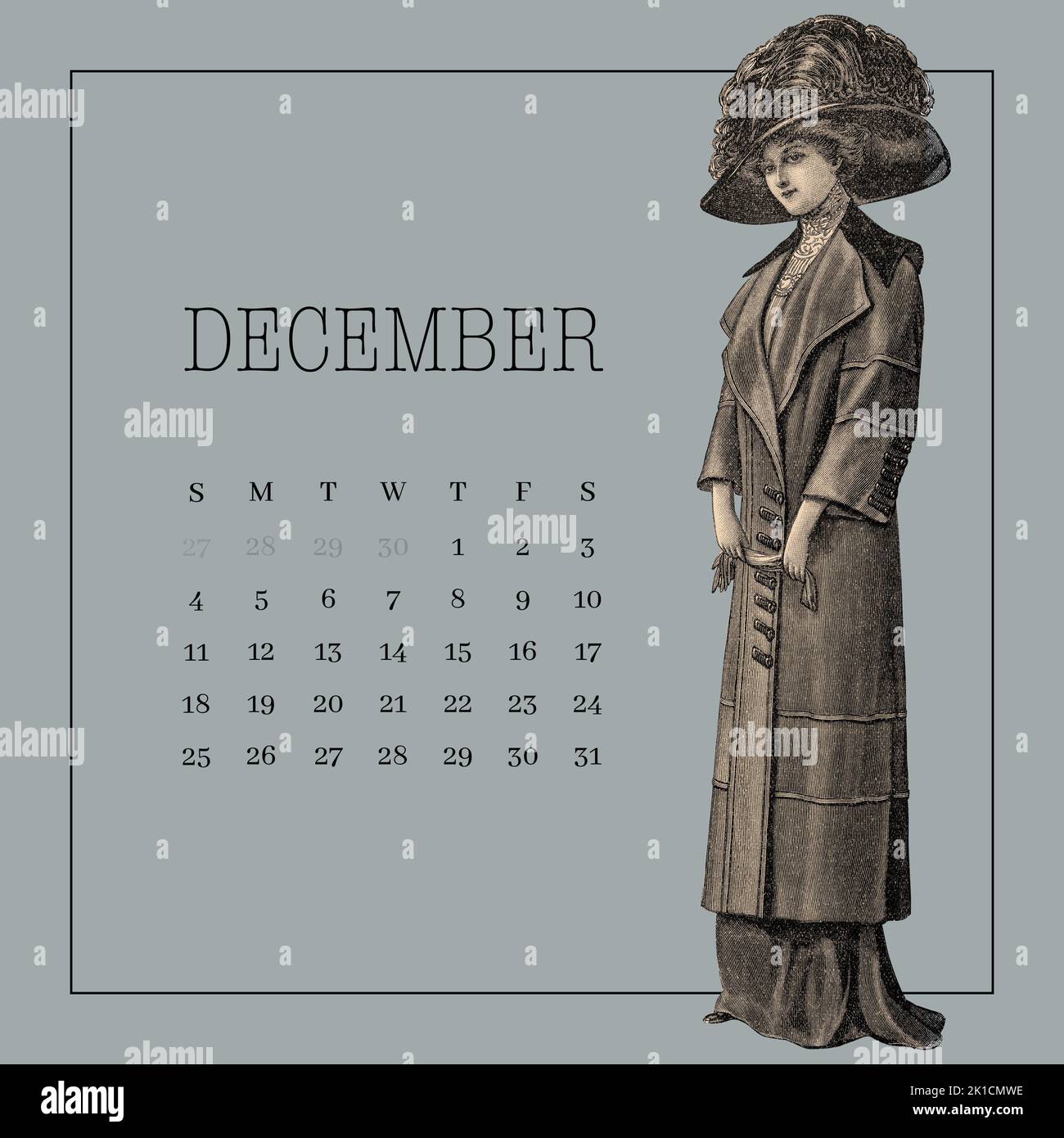 Modèle du calendrier de décembre. Arrière-plan de style victorien vintage Banque D'Images