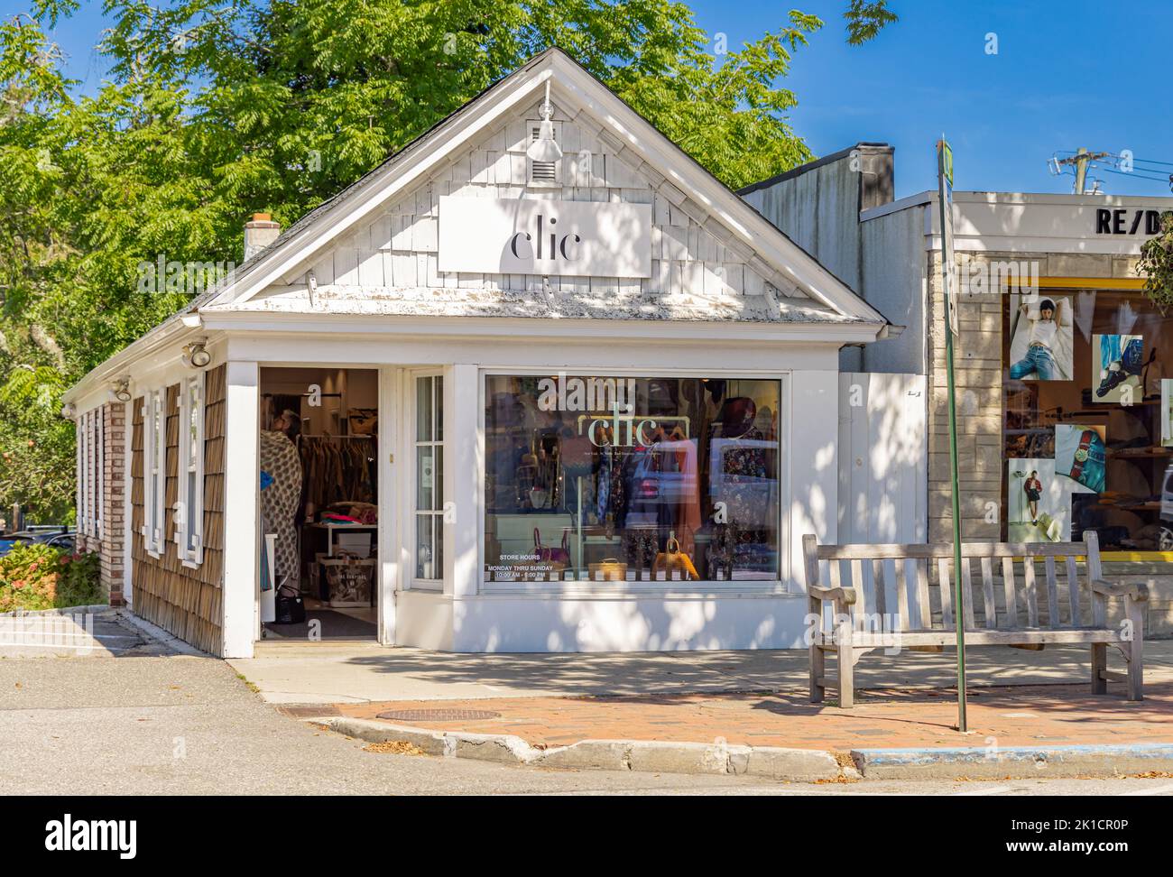 Façade extérieure d'un magasin de détail, clic à East Hampton, NY Banque D'Images