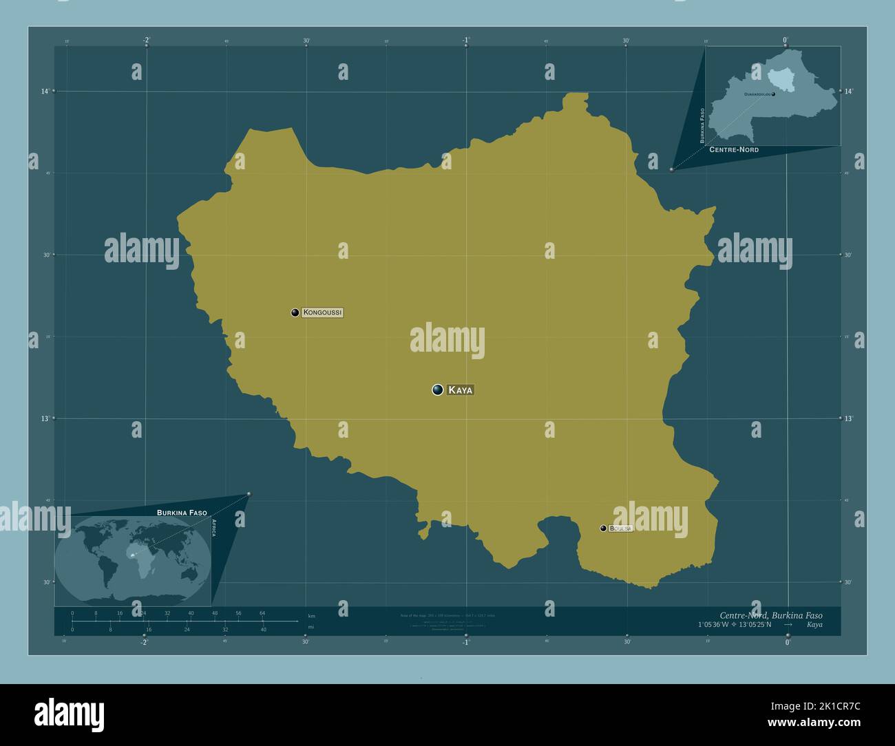 CentreNord, région du Burkina Faso. Forme de couleur unie. Lieux et