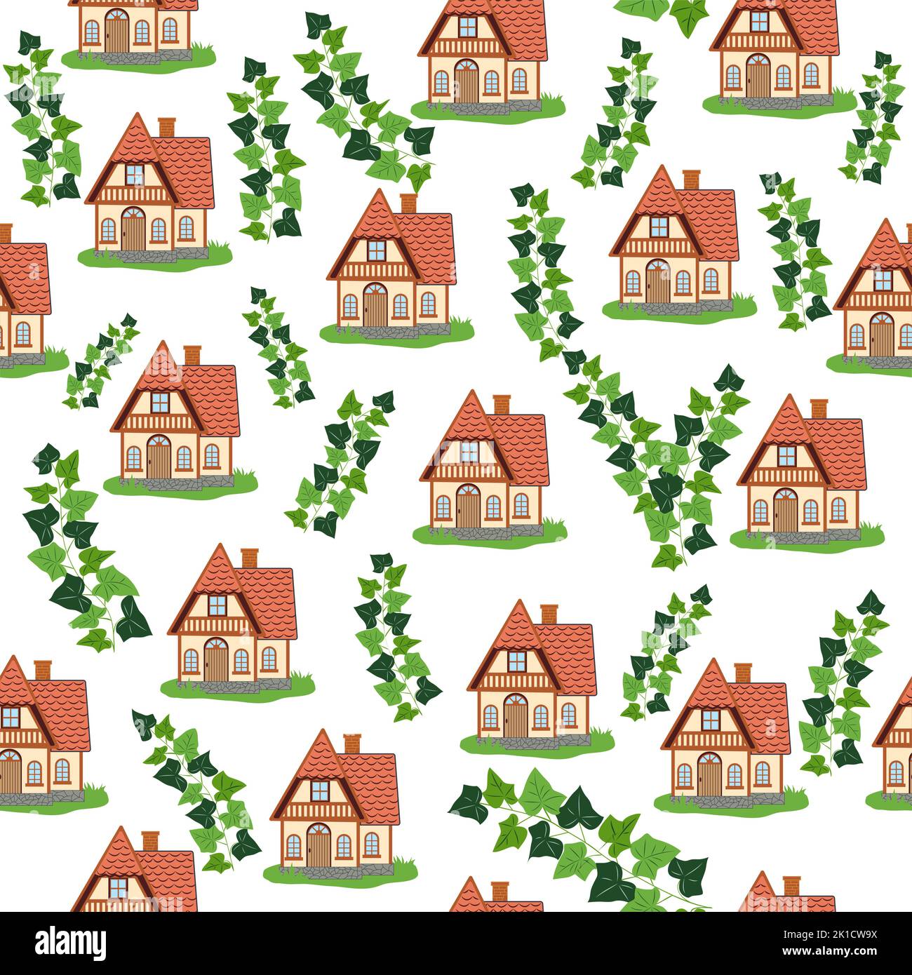 Motif sans couture avec maisons et branches de lierre, plantes, vieille maison anglaise, traditions scandinaves. Illustration de Vecteur