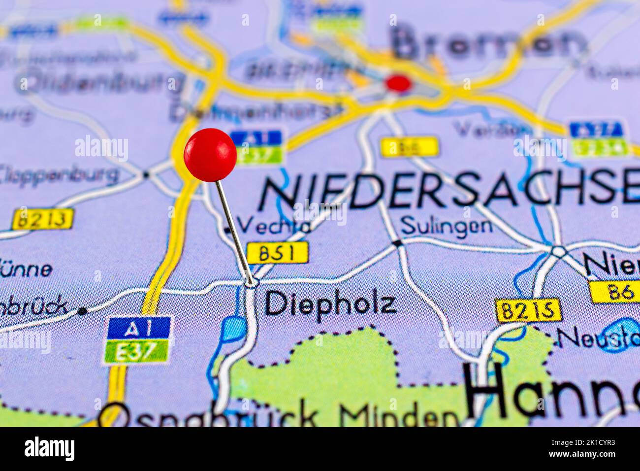 Carte de Diepholz. Gros plan de la carte de Diepholz avec une épingle rouge. Carte avec point rouge de Diepholz en Allemagne. Banque D'Images