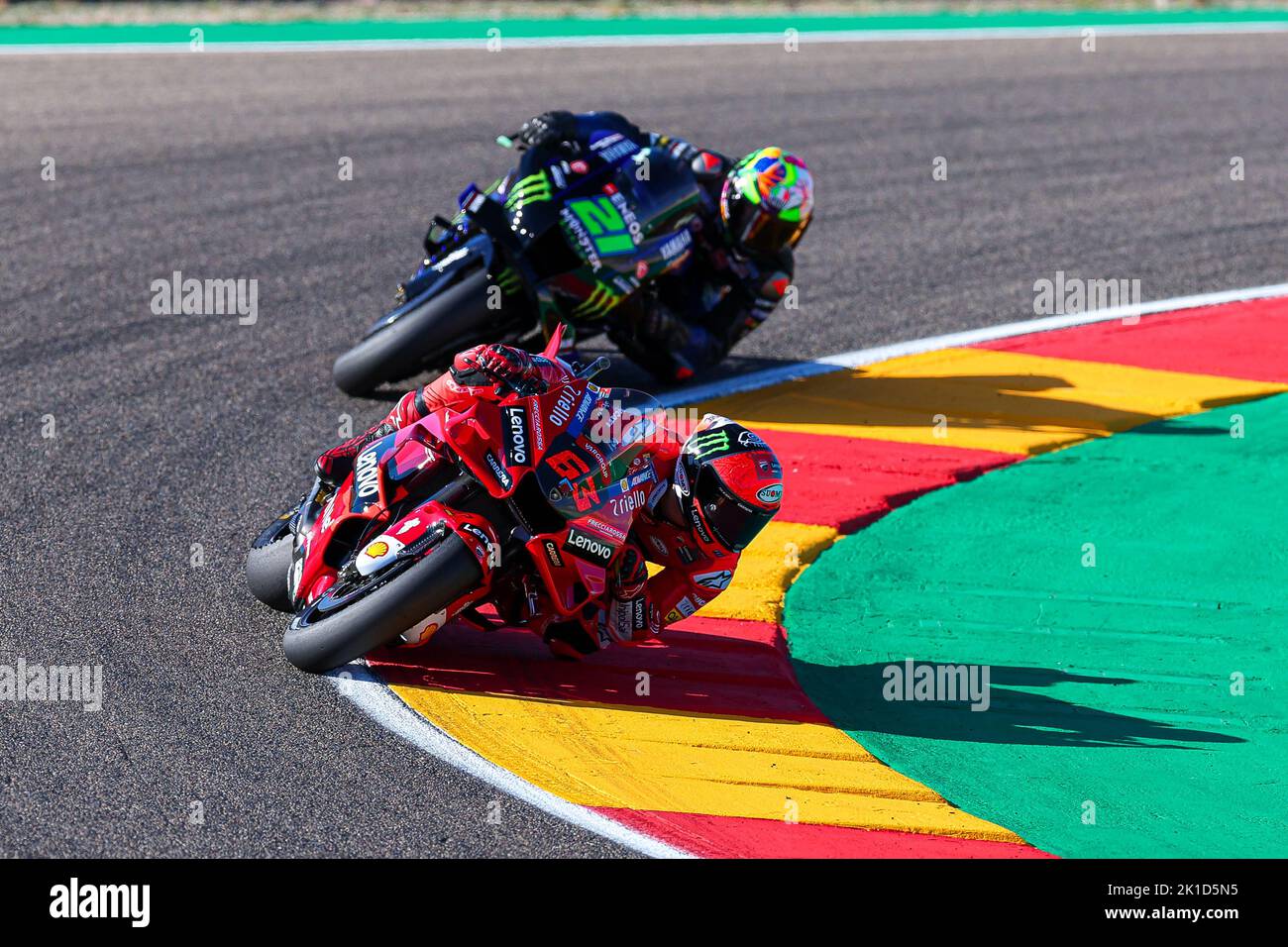 Francesco Bagnaia de l'Italie de Ducati Lenovo équipe avec Ducati pendant MotoGP libre pratique de MotoGP Gran Premio Animoca Brands de Aragon à Motorland Aragon circuit à Alcaniz, Espagne. Banque D'Images