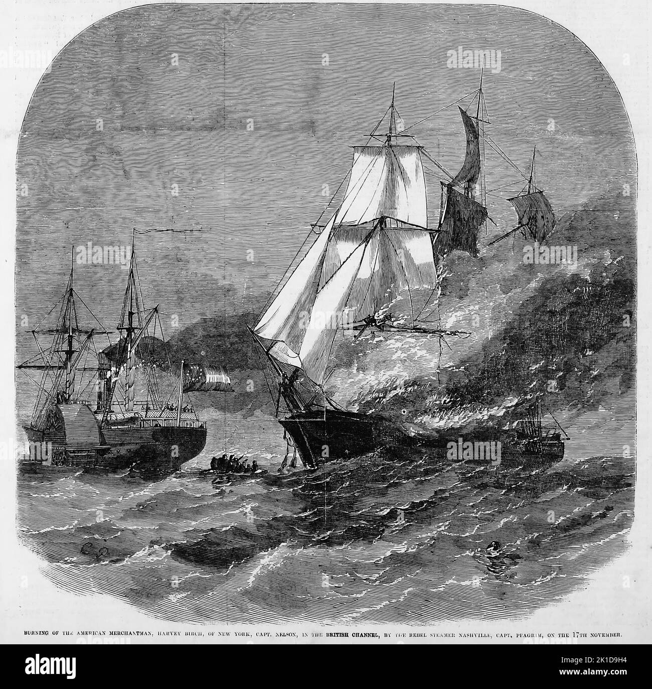 Brûlage du marchand américain, Harvey Birch, de New York, capitaine Nelson, dans la Manche britannique, par le paquebot Rebel Nashville, capitaine Peagrim, 17 novembre 1861. Illustration de la guerre de Sécession américaine du 19th siècle tirée du journal illustré de Frank Leslie Banque D'Images