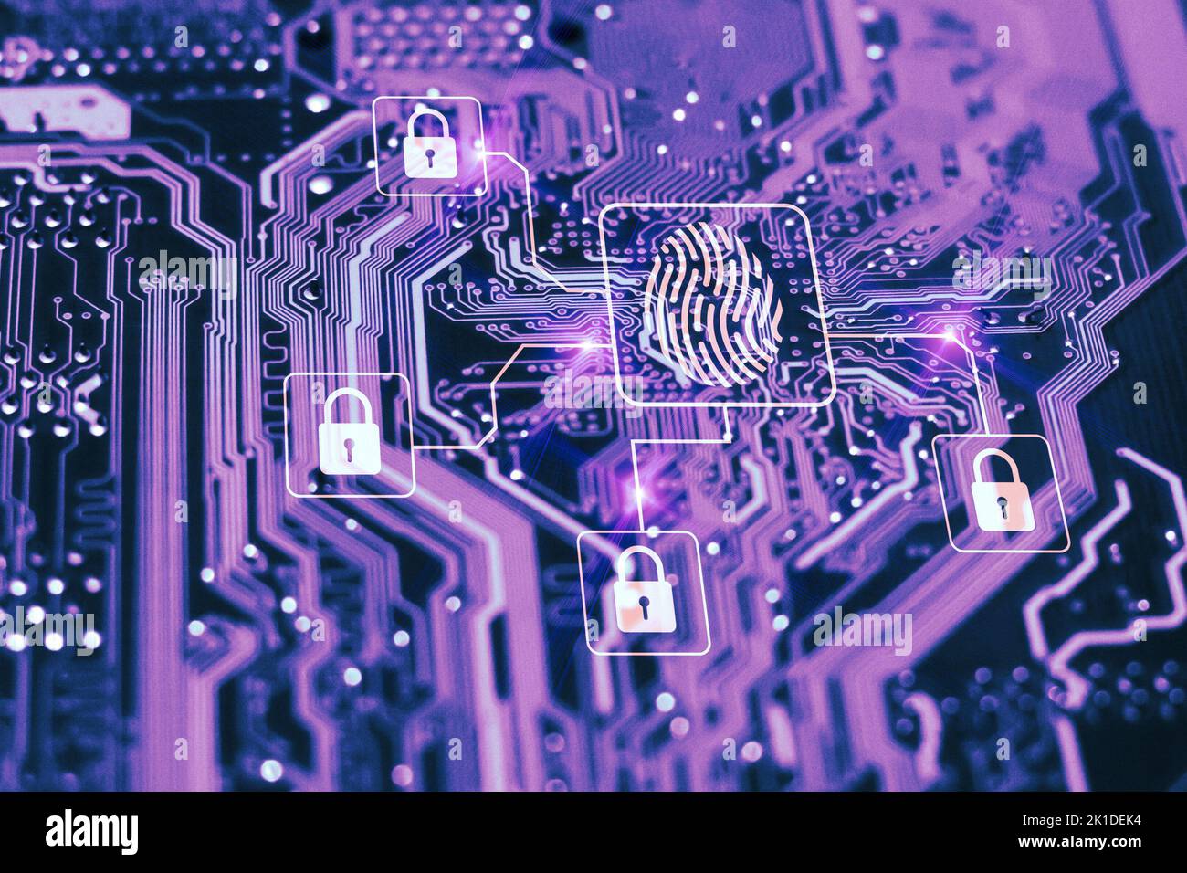 Concept d'autorisation de connexion par empreinte digitale et de cybersécurité. Circuit intégré bleu avec verrouillage en arrière-plan. Contrôler l'accès et l'authentification en ligne Banque D'Images