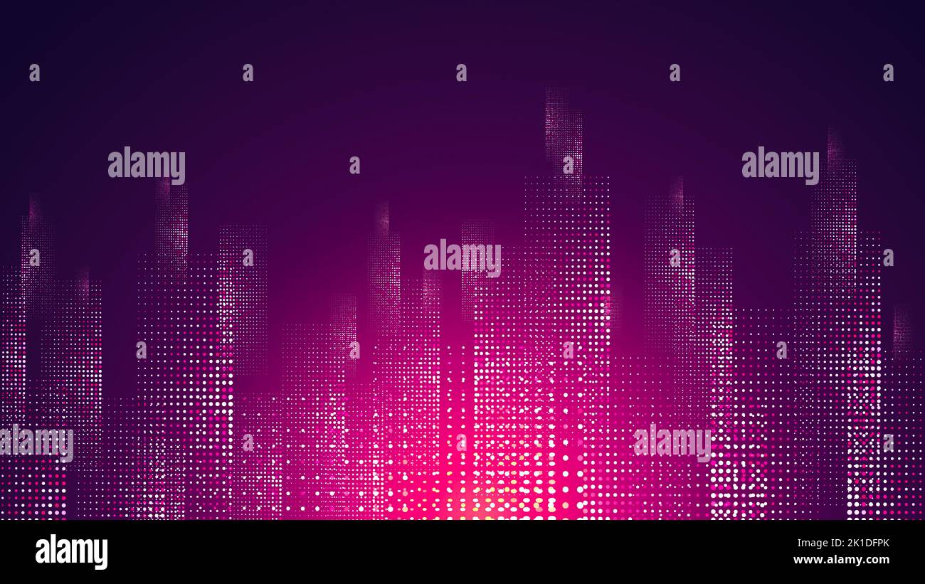 Cityscape sur un fond sombre et lumineux avec néon lumineux violet et jaune s'allume. Nuit ville futuriste. Le cyberespace et style rétro. Vector illust Banque D'Images