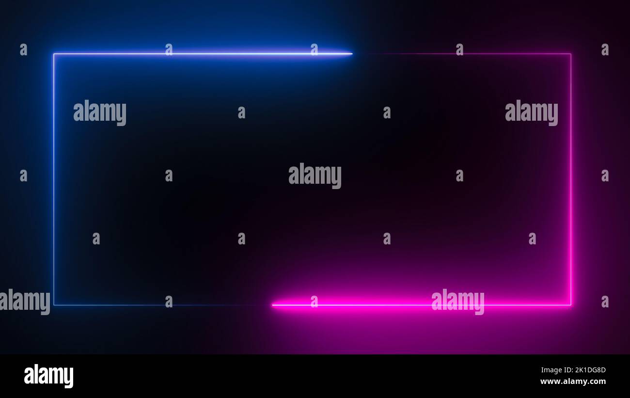 Le rendu 3D d'un lumineux abstract neon frame. Néon lumineux d'une ligne de chemin de forme rectangulaire. Contexte Web Show Laser Banque D'Images