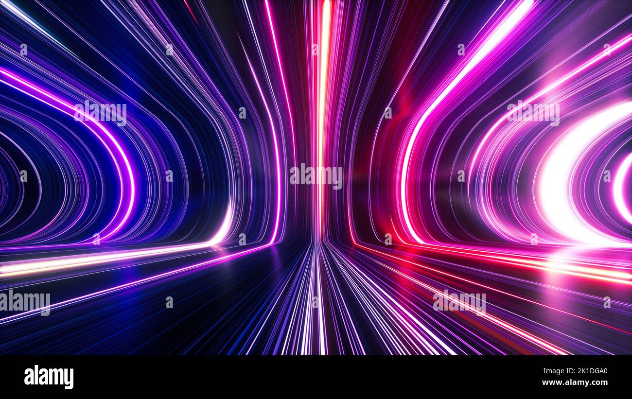 3d rendu, arrière-plan cosmique abstrait, rayons de néon ultra-violets, lignes lumineuses, réseau cybernétique, vitesse de la lumière, continuum espace-temps Banque D'Images